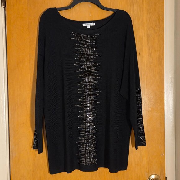 Chico's 3 Size XL Pullover Knit Tunic Rhinestones Black Dolman Party Cocktail - Picture 1 of 12